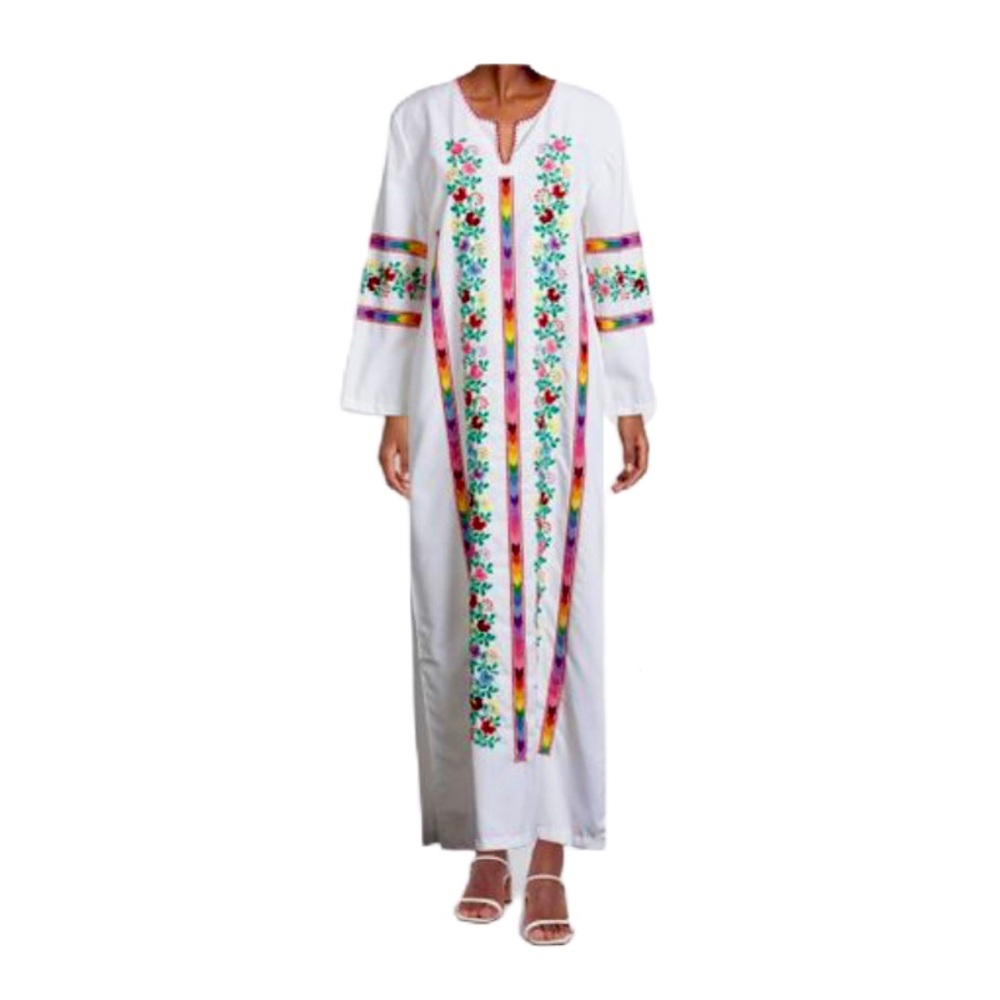 Muzunga Sisters Handcrafted White with Multi Embroidered Kaftan